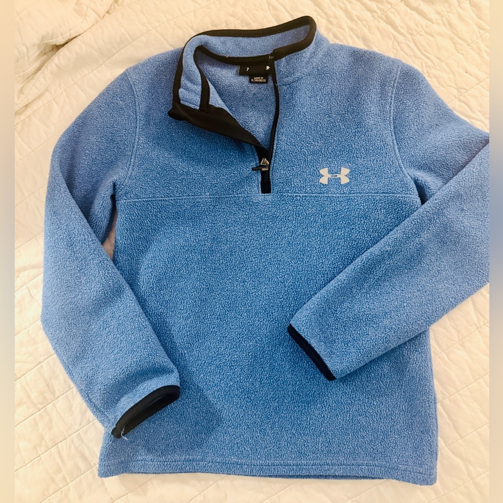 Under Armour Boys Fleece Quarter Zip Pullover Powder Blue Gray Logo Size 7